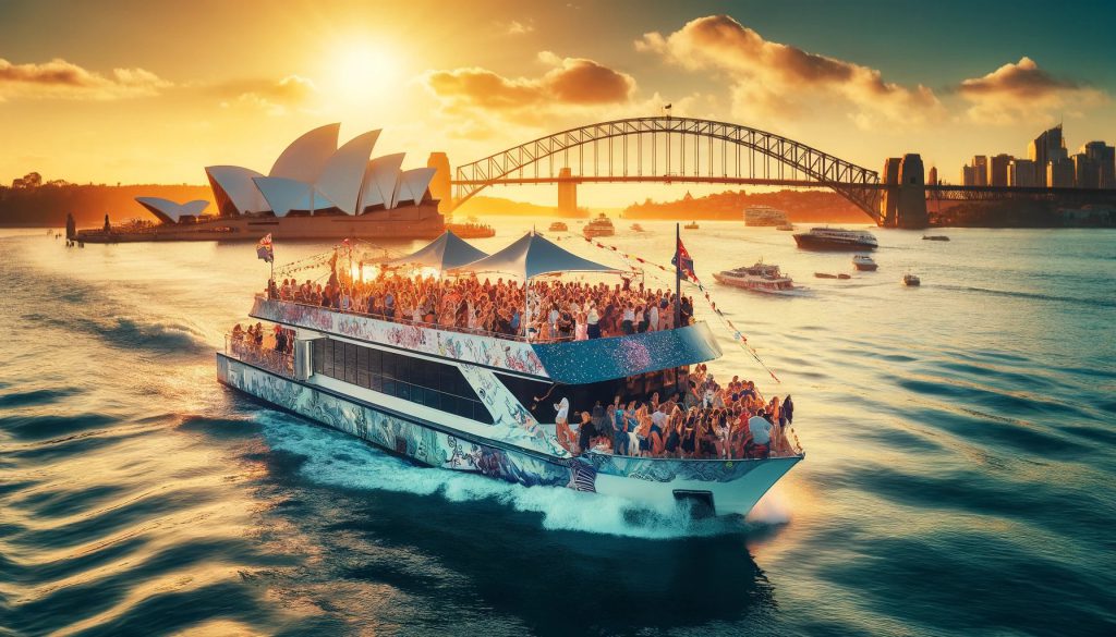 A lively party boat cruising on the scenic waters of Sydney Harbour during sunset. The boat is filled with people dancing, enjoying music, and celebrating. In the background, the iconic Sydney Opera House and Harbour Bridge are visible, adding to the stunning backdrop. The atmosphere is vibrant and festive, capturing the essence of a joyful event on the water.