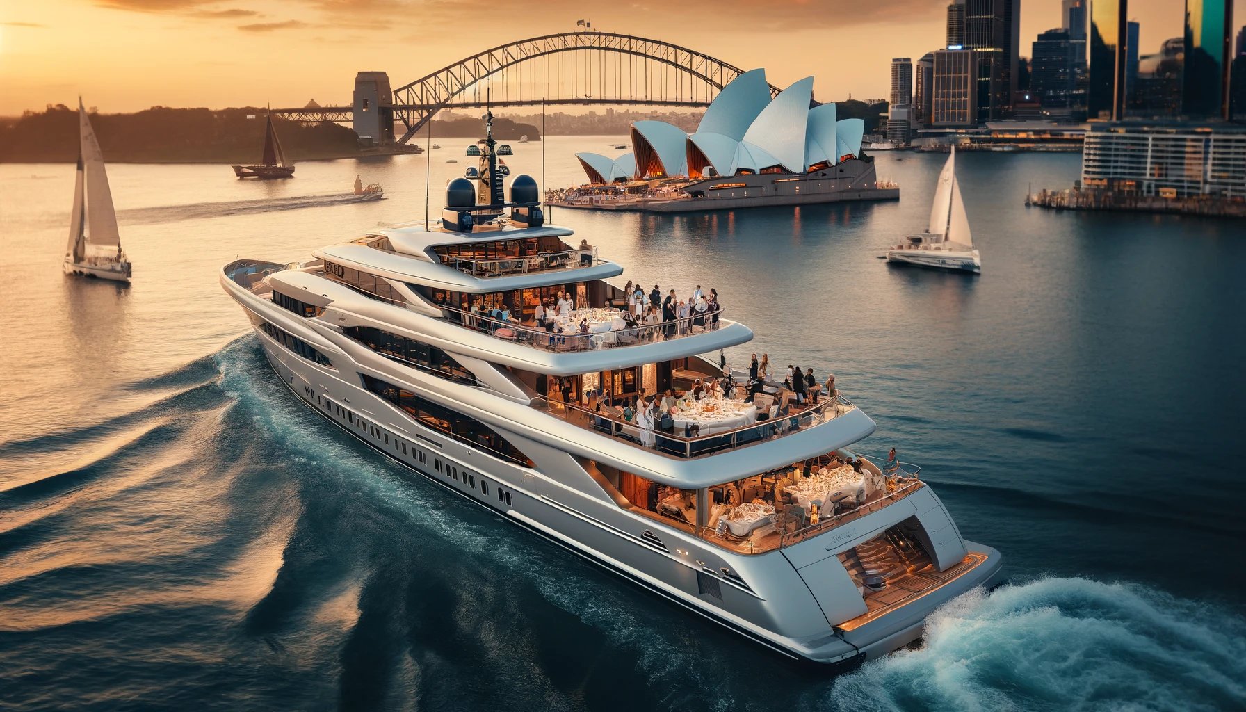  A luxurious yacht cruising on the scenic waters of Sydney Harbour during sunset. The yacht is elegantly designed with multiple decks, spacious living areas, and guests enjoying their time on board. In the background, the iconic Sydney Opera House and Harbour Bridge are visible, adding to the stunning backdrop. The atmosphere is lively yet sophisticated, with people dining, dancing, and taking in the breathtaking views.