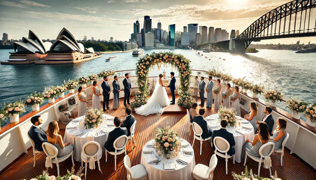 This image shows a luxurious wedding celebration on a boat, offering panoramic views of Sydney Harbour, featuring iconic landmarks. The scene captures a romantic wedding ceremony on deck, with guests seated and the bride and groom at a floral-decorated altar.